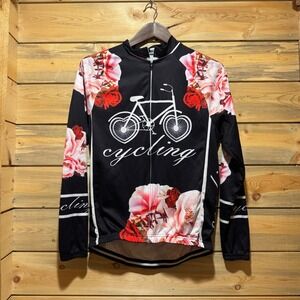 Womens L Long Sleeve black Zip Up Cycling Jersey Heart Bike Wheels Roses Flowers